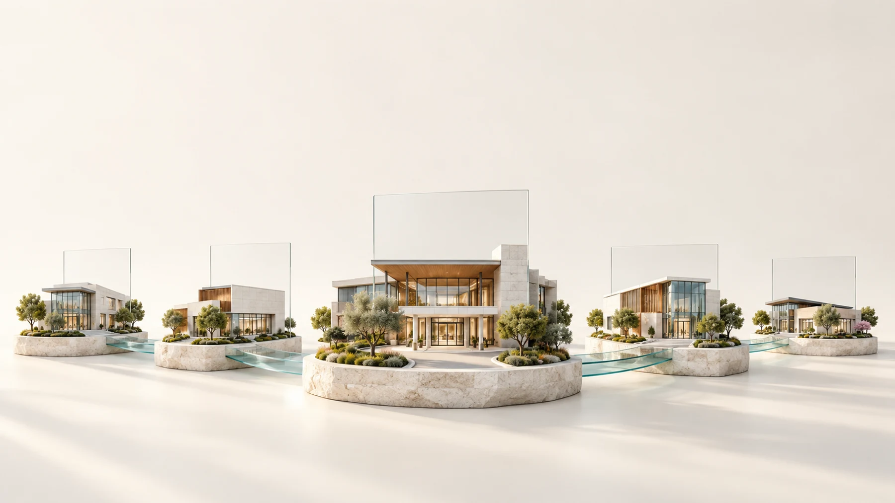 Illustrated outpatient centers connected by flowing teal ribbons